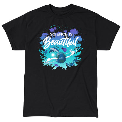 Classic Cotton T-shirt_TeeTurtle Science Is Beautiful black t-shirt featuring the phrase "Science is Beautiful," with images of whales, planets, and tropical trees surrounding Earth in a splash of vibrant blues and greens.