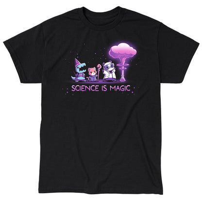 Classic Cotton T-shirt_TeeTurtle Science is Magic black t-shirt featuring a shark in a wizard costume, a red panda with a magic staff, and a panda in a lab coat who observe purple smoke emerging from a flask next to them. Text below reads "Science is Magic". 