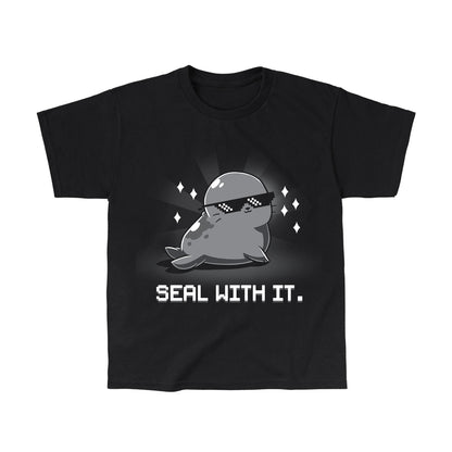 Classic Cotton T-shirt_Teeturtle Seal With It. Black Featuring a smug, sunglasses-wearing seal surrounded by sparkling diamonds with 'Seal with it.' written beneath.