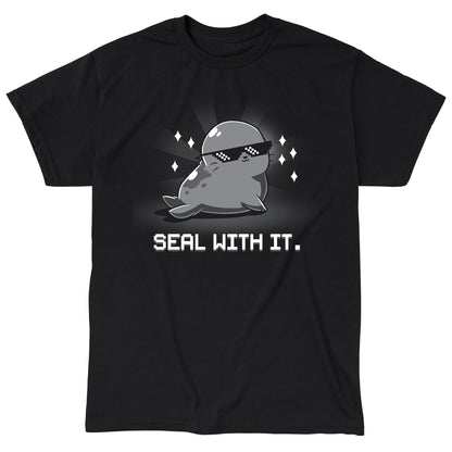 Classic Cotton T-shirt_Teeturtle Seal With It. Black Featuring a smug, sunglasses-wearing seal surrounded by sparkling diamonds with 'Seal with it.' written beneath.