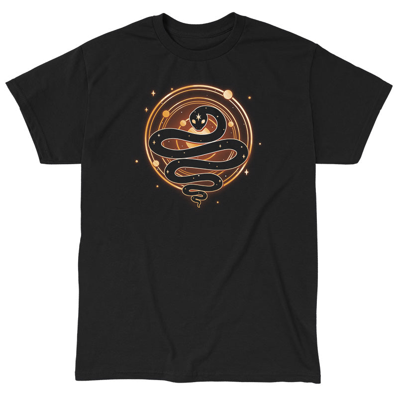 Classic Cotton T-shirt_TeeTurtle Serpent of Cosmos black t-shirt featuring a stylized black snake with white stars on its body who is coiled in front of a glowing circle with smaller orange circles and dots, resembling a cosmic or celestial symbol. 