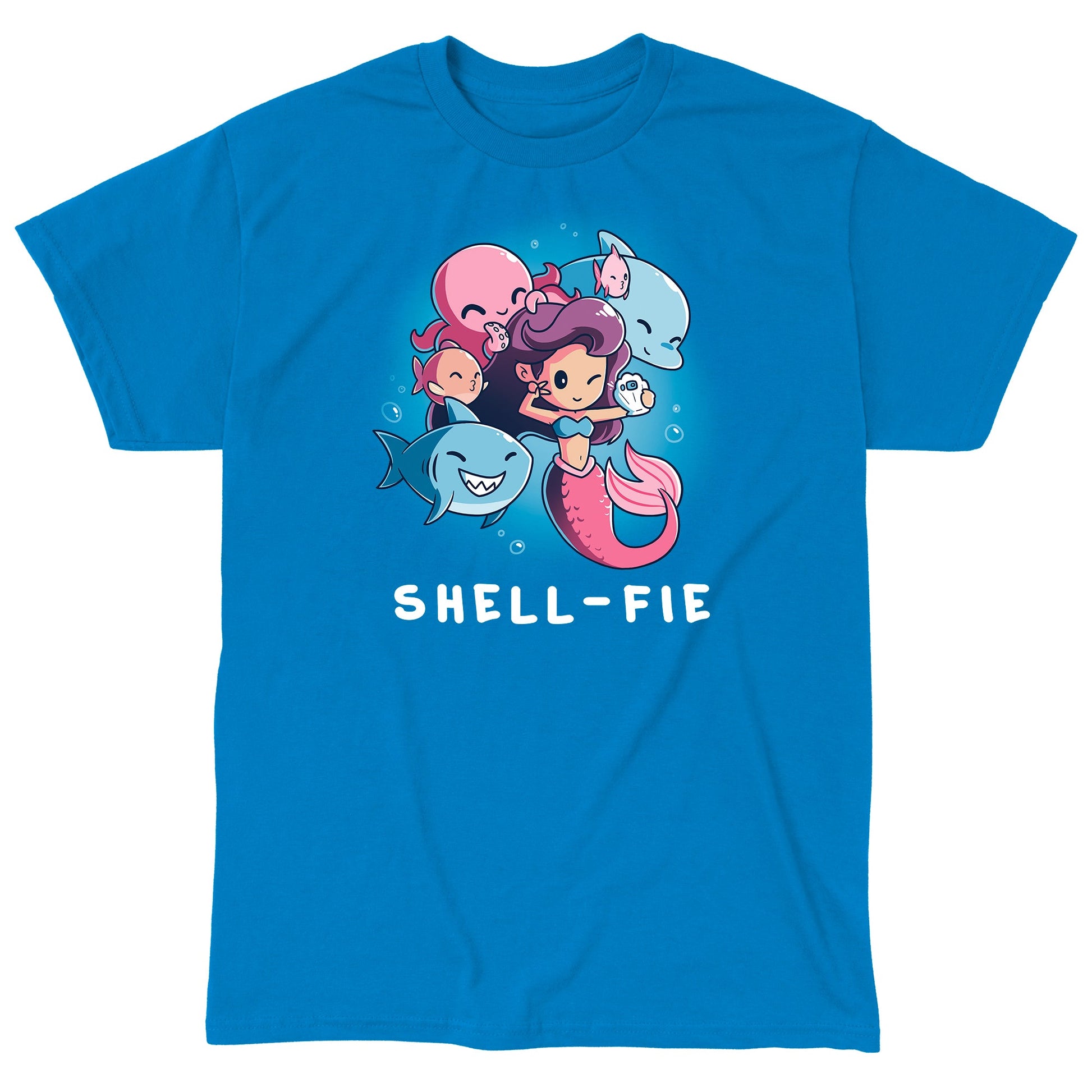 Classic Cotton T-shirt_TeeTurtle Shell-fie sapphire blue t-shirt featuring a mermaid takes a selfie underwater, surrounded by smiling sea creatures.