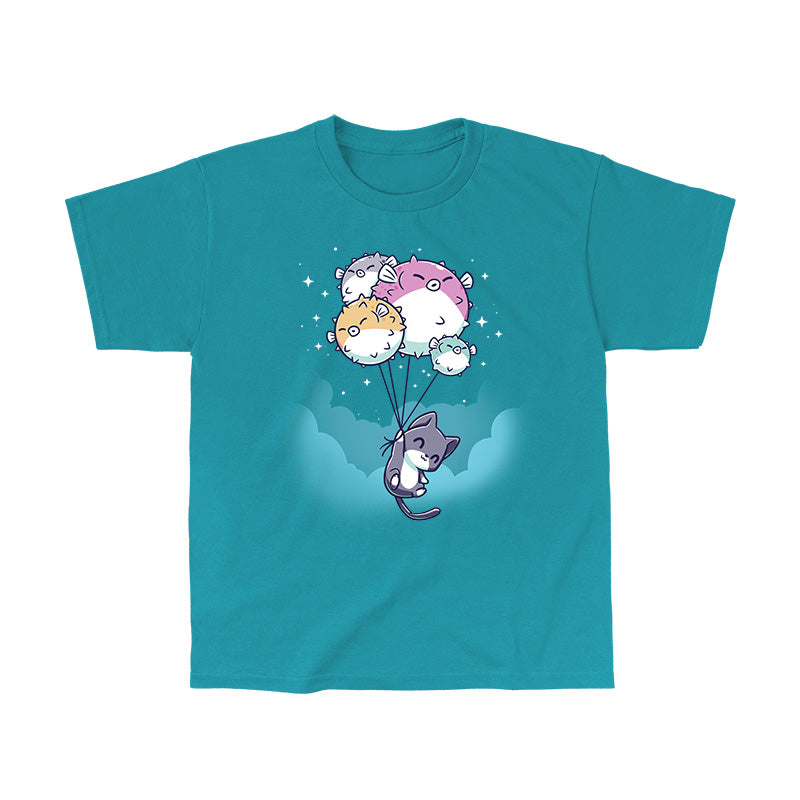 Classic Cotton T-shirt_TeeTurtle Sky High tropical blue t-shirt featuring a cat holding onto strings attached to five pufferfish balloons floating against a turquoise sky.