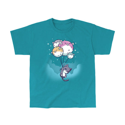 Classic Cotton T-shirt_TeeTurtle Sky High tropical blue t-shirt featuring a cat holding onto strings attached to five pufferfish balloons floating against a turquoise sky.