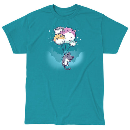 Classic Cotton T-shirt_TeeTurtle Sky High tropical blue t-shirt featuring a cat holding onto strings attached to five pufferfish balloons floating against a turquoise sky.