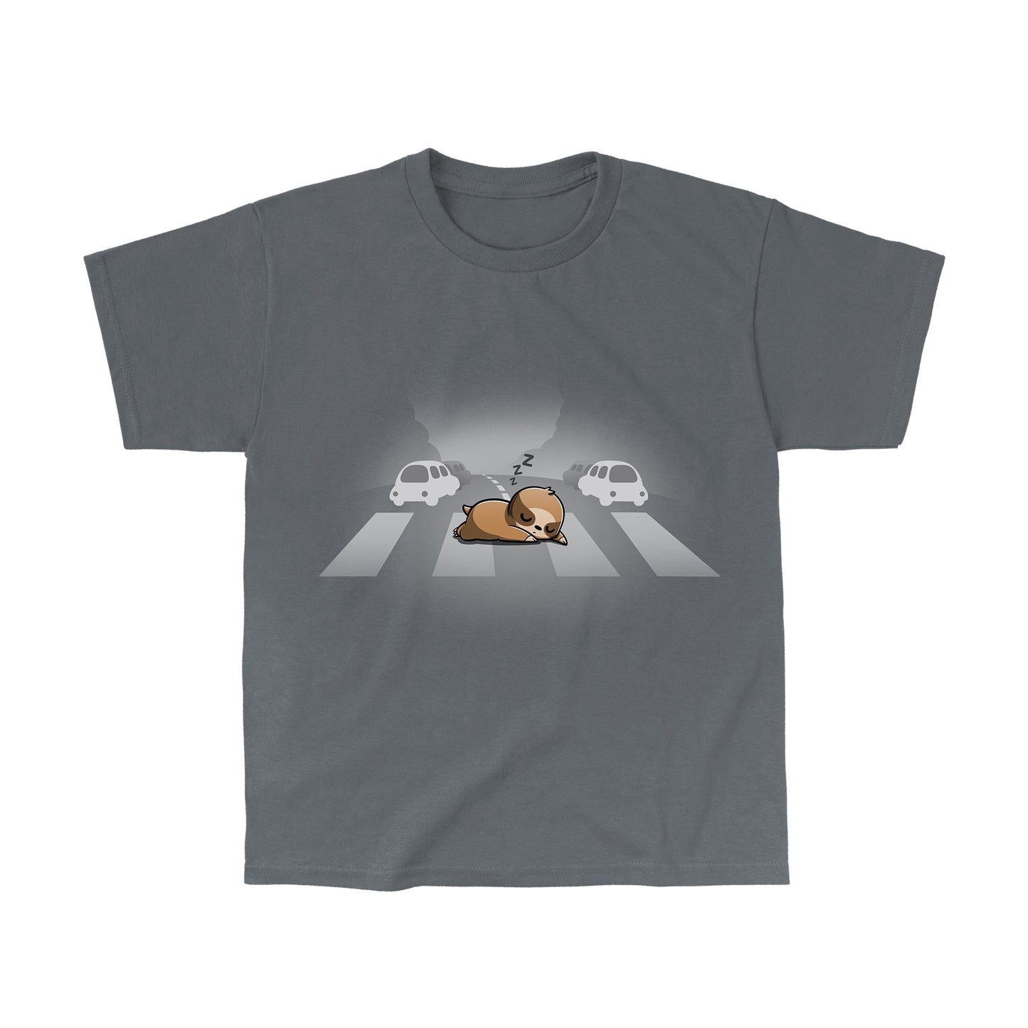 Classic Cotton T-shirt_TeeTurtle charcoal gray Classic Cotton T-shirt featuring a sloth sleeping at a crosswalk in the middle of the road.