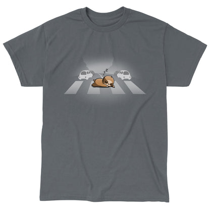 Classic Cotton T-shirt_TeeTurtle charcoal gray Classic Cotton T-shirt featuring a sloth sleeping at a crosswalk in the middle of the road.