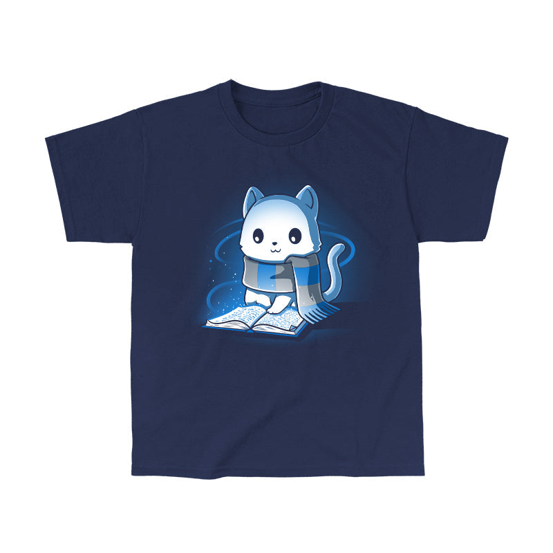 Classic Cotton T-shirt_TeeTurtle navy blue Smart Kitty. Featuring a white cat with a blue and silver striped scarf reading a book.