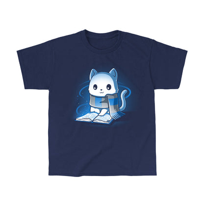 Classic Cotton T-shirt_TeeTurtle navy blue Smart Kitty. Featuring a white cat with a blue and silver striped scarf reading a book.