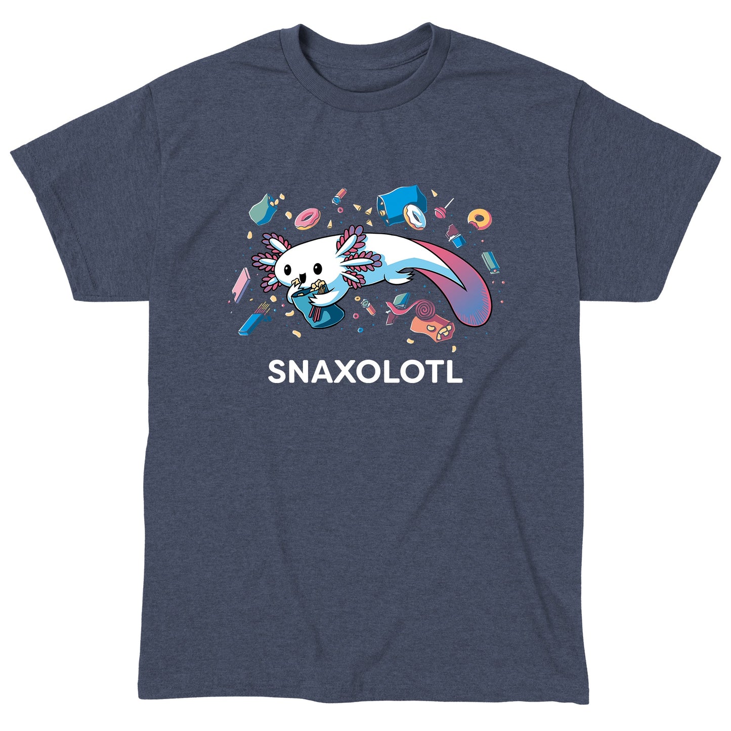 Classic Cotton T-shirt_Teeturtle Snaxolotl heather navy t-shirt featuring an axolotl surrounded by various floating snacks with the word "SNAXOLOTL" below.