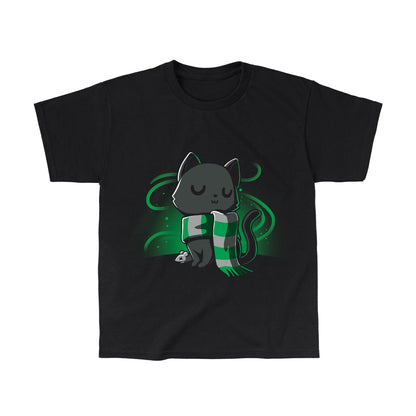 Classic Cotton T-shirt_TeeTurtle black Sneaky Kitty. Featuring a haughty black cat with a silver and green striped scarf.