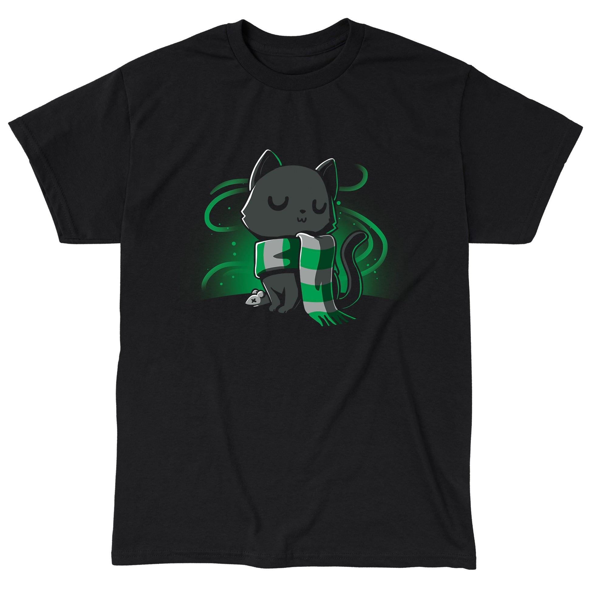 Classic Cotton T-shirt_TeeTurtle black Sneaky Kitty. Featuring a haughty black cat with a silver and green striped scarf.