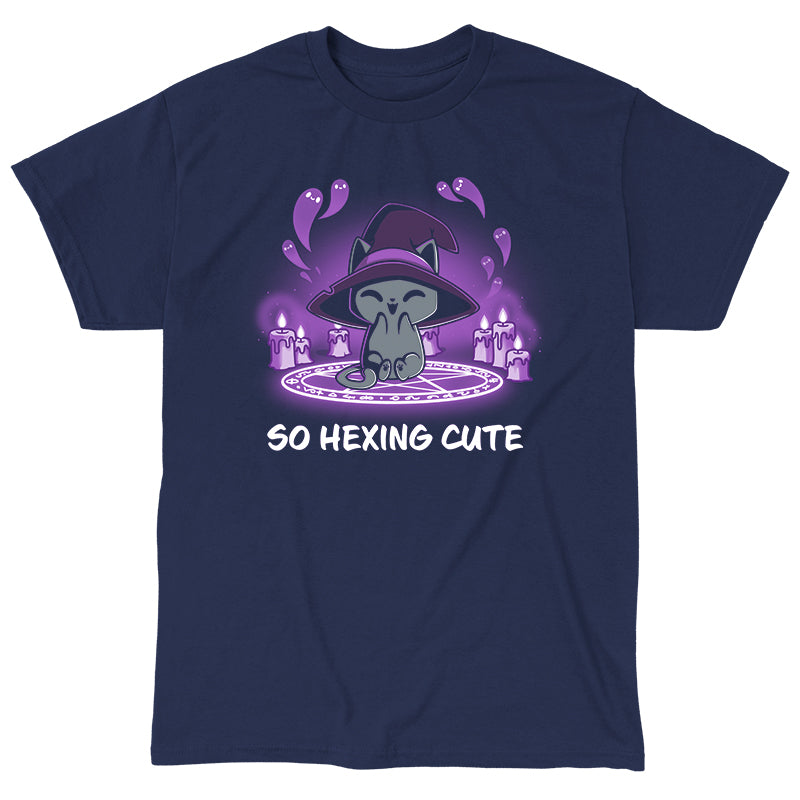 Classic Cotton T-shirt_TeeTurtle navy blue So Hexing Cute. Featuring a cat with a witch hat sitting in the middle of a summoning pentagram.