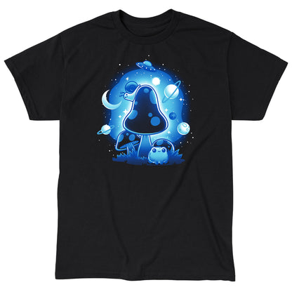 Classic Cotton T-shirt_TeeTurtle So Mushroom in Space black t-shirt featuring a glowing blue mushroom with a frog at its base, surrounded by planets, a crescent moon, stars, and a UFO in the night sky.