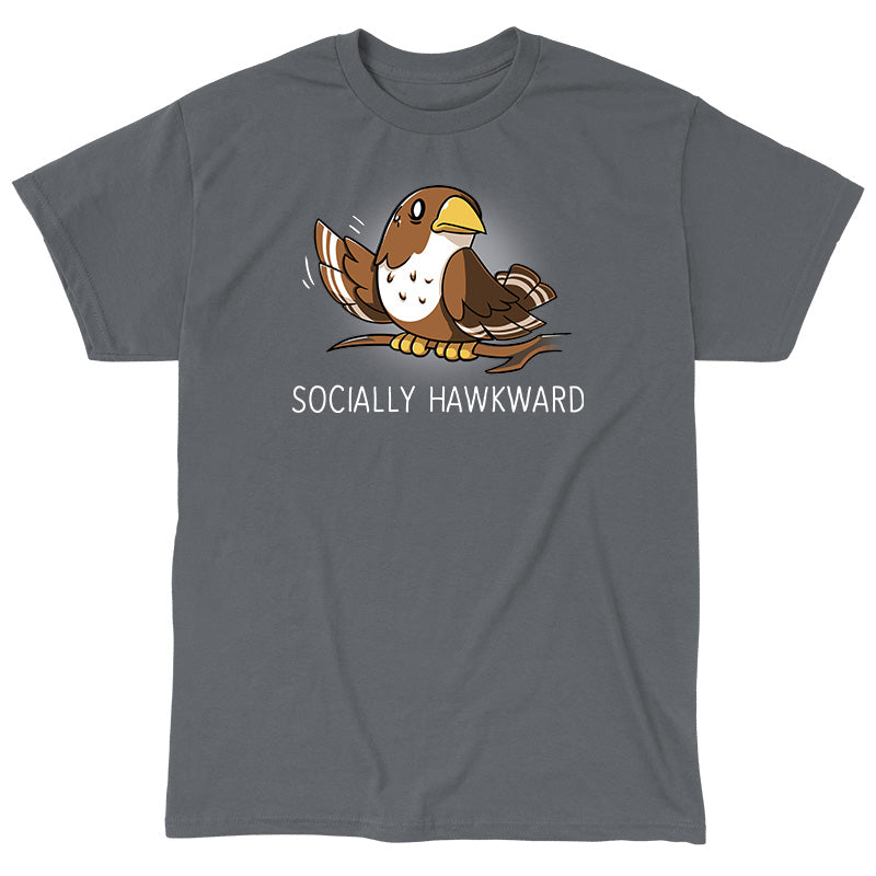 Classic Cotton T-shirt_Teeturtle Socially Hawkward Charcoal Gray Featuring a Hawk sitting on a branch looking nervous as it waves its wing awkwardly.