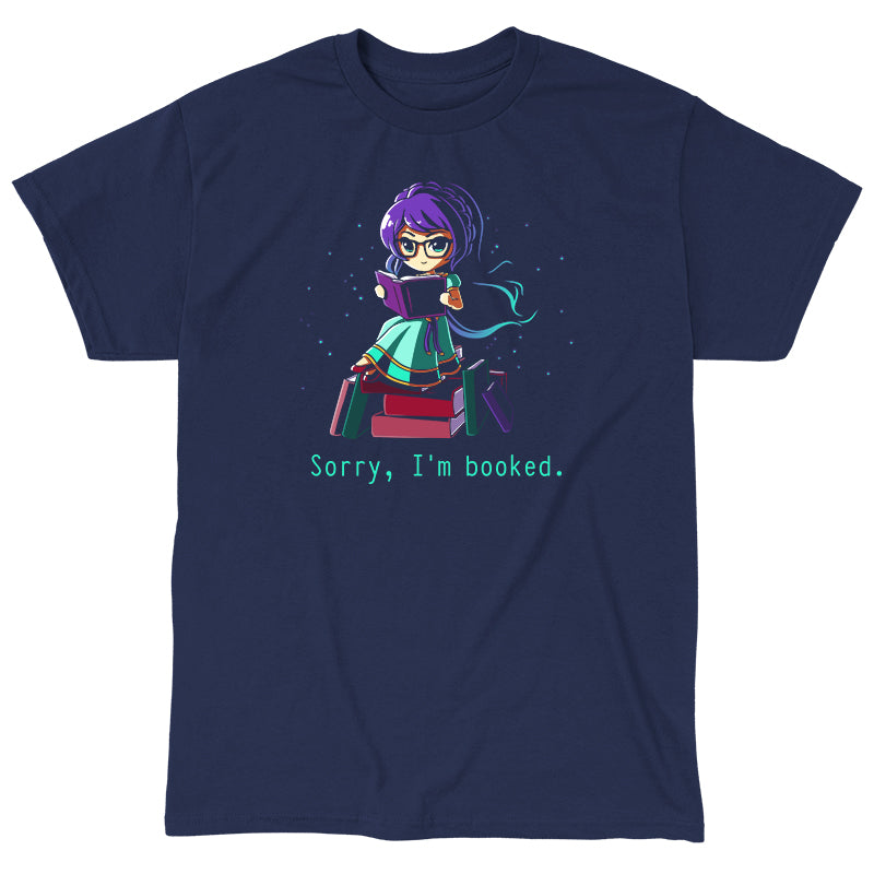 Classic Cotton T-shirt_TeeTurtle navy blue Sorry I'm Booked]. Featuring a girl sitting on a pile of books reading.