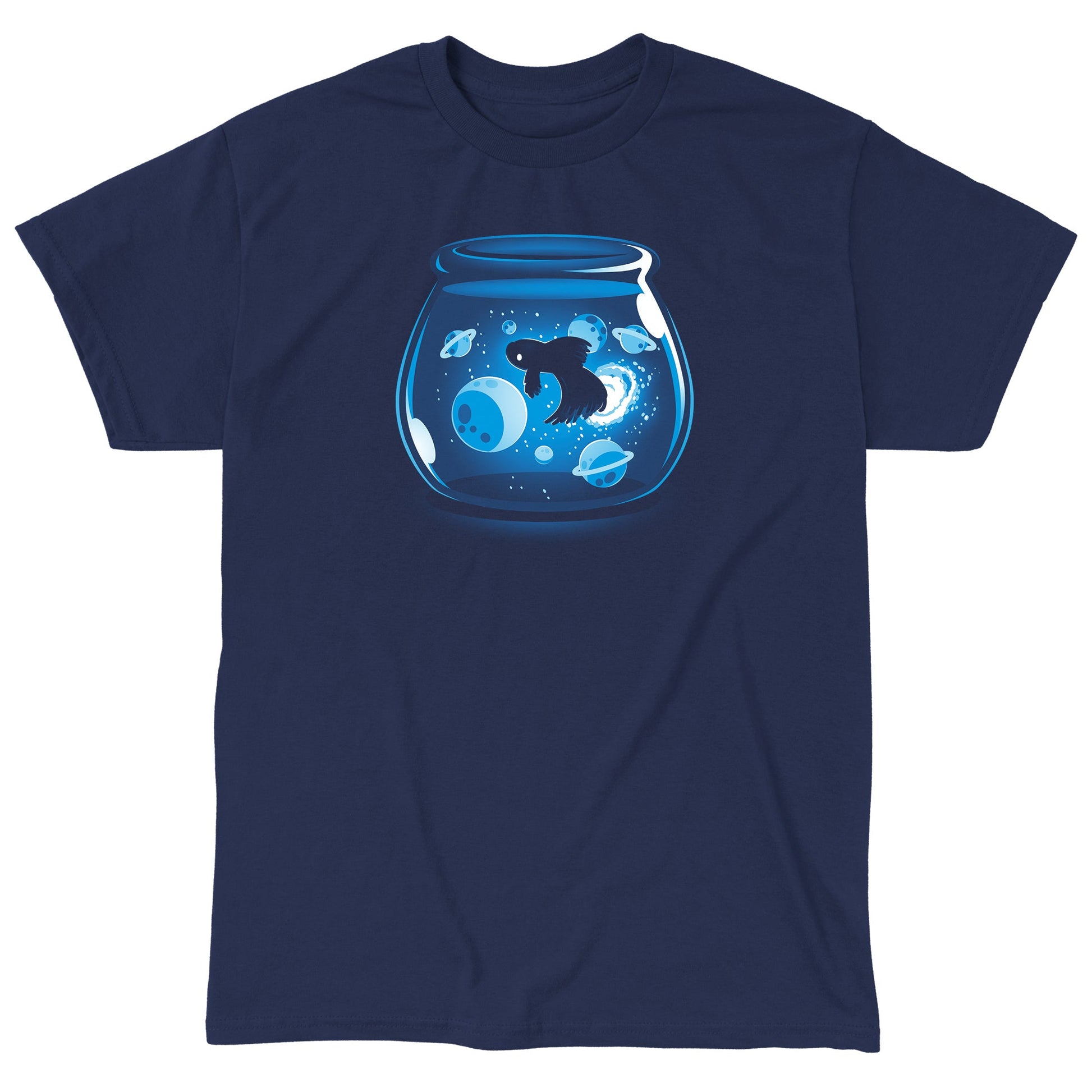 Classic Cotton T-shirt_TeeTurtle Space Betta navy blue t-shirt featuring a glowing fish swimming among planets and stars inside a fishbowl.