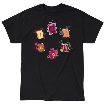 Classic Cotton T-shirt_TeeTurtle Spellbinding Stories black t-shirt featuring six magical books with different symbols and effects around each based on various spells.