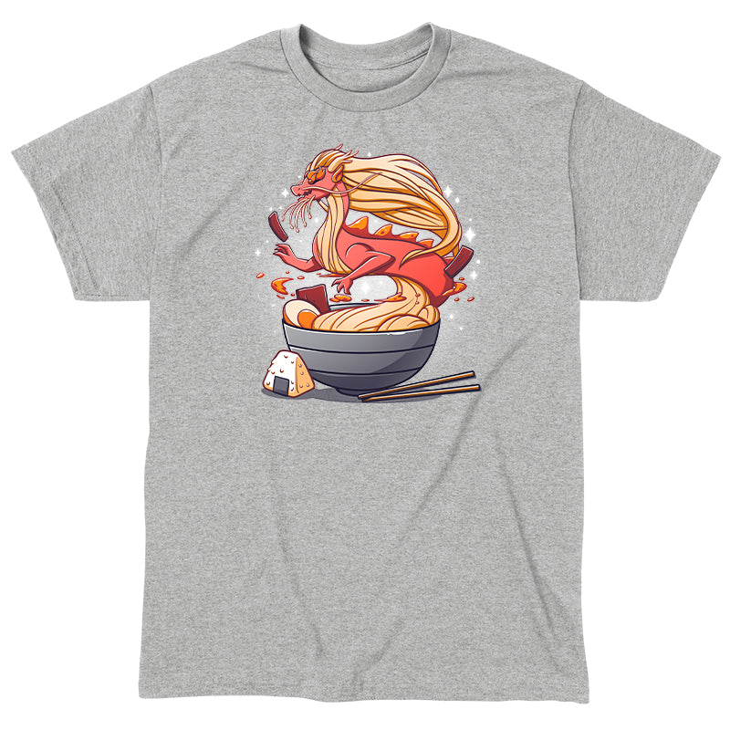 Classic Cotton T-shirt_TeeTurtle Spicy Ramen Dragon heather gray t-shirt featuring a red dragon made of noodles emerging from a bowl of ramen, with chopsticks on the side and a rice ball next to the bowl.