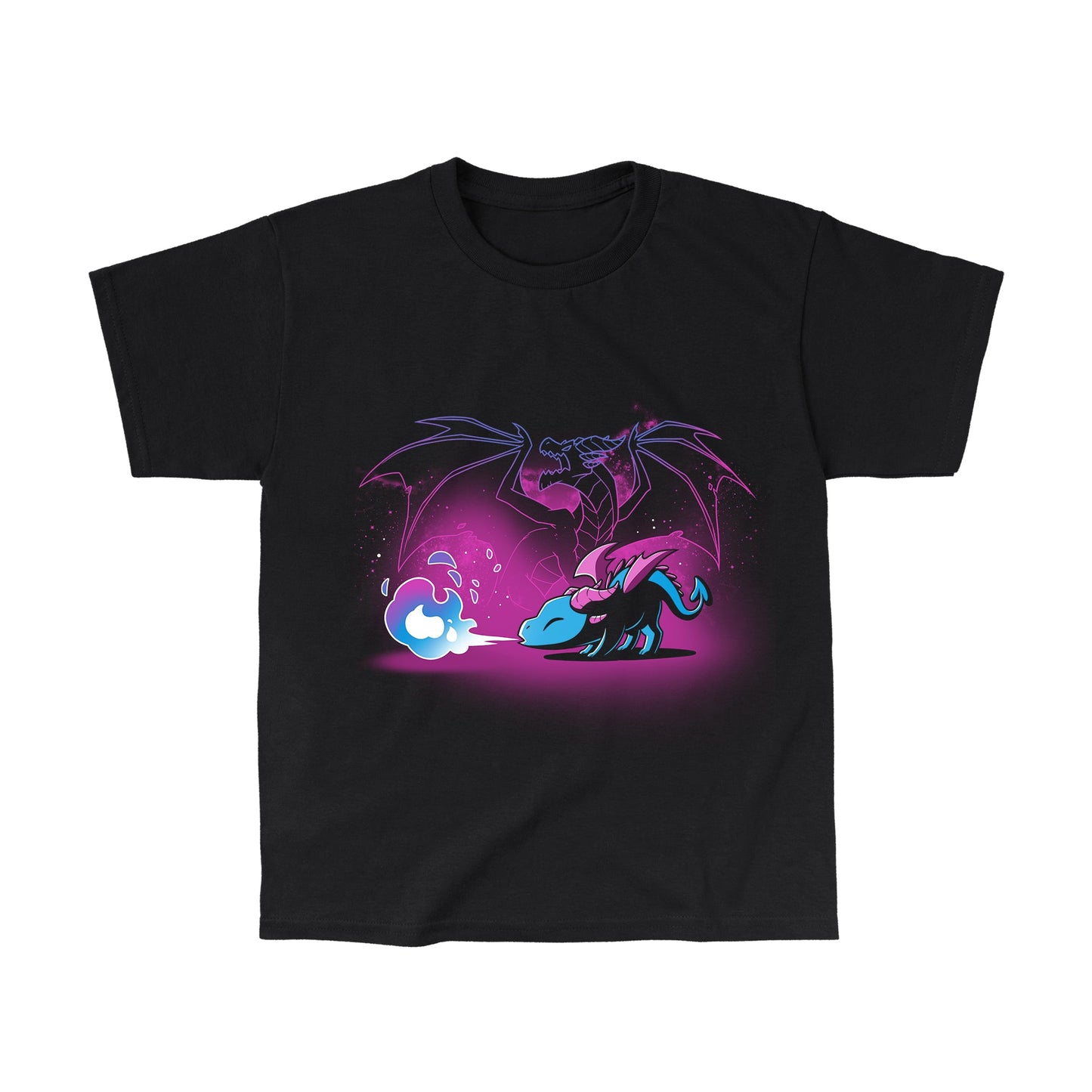 Classic Cotton T-shirt_TeeTurtle Spirit of the Dragon black t-shirt featuring a shiny magical little dragon breathing blue and purple fire with a silhouette of a big fierce dragon behind them.