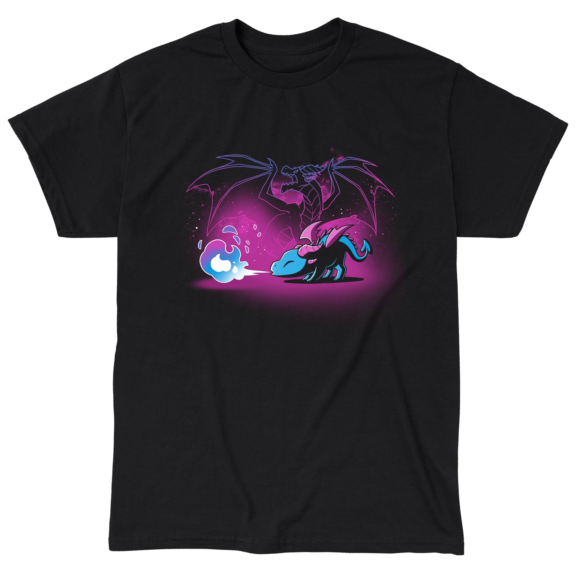 Classic Cotton T-shirt_TeeTurtle Spirit of the Dragon black t-shirt featuring a shiny magical little dragon breathing blue and purple fire with a silhouette of a big fierce dragon behind them.