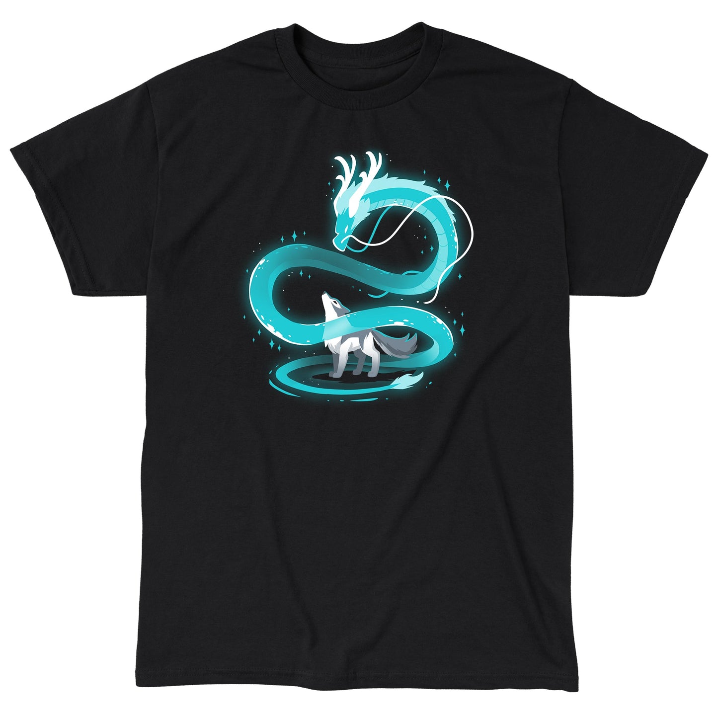 Classic Cotton T-shirt_A glowing blue dragon spirals above a gray wolf, who looks upward in a black background. Both creatures are enveloped in an ethereal light, creating a mystical Spirit of the Moon scene on this super soft ringspun cotton black apparel by monsterdigital.