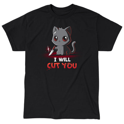 Classic Cotton T-shirt_TeeTurtle Stabby The Kitty black t-shirt featuring a grey cat holding a small knife with text that reads "I Will Cut You."