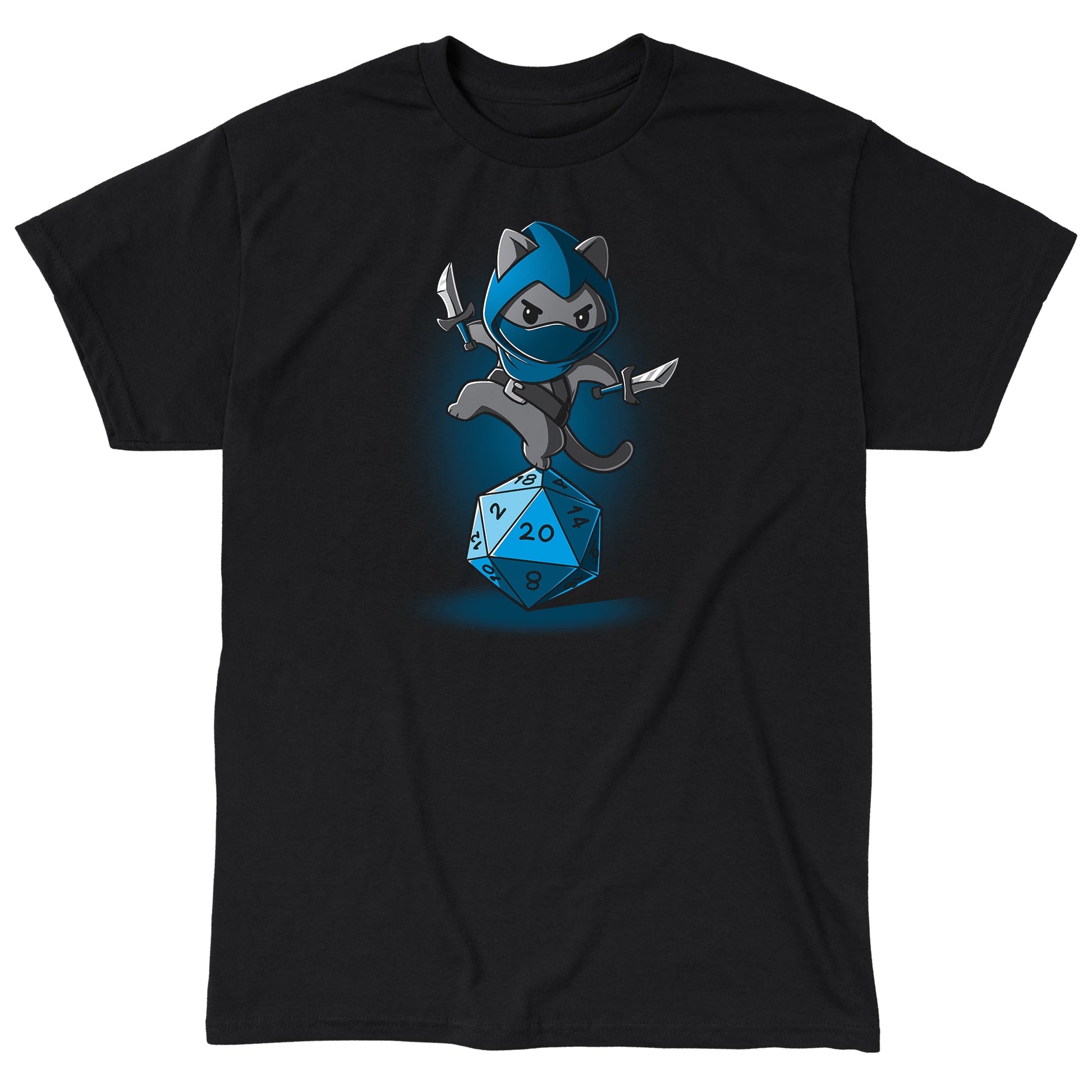 Classic Cotton T-shirt_TeeTurtle Stealth Check black t-shirt featuring a ninja cat holding two daggers, balancing on a large blue 20-sided die.