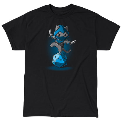 Classic Cotton T-shirt_TeeTurtle Stealth Check black t-shirt featuring a ninja cat holding two daggers, balancing on a large blue 20-sided die.