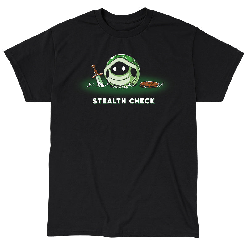 Classic Cotton T-shirt_TeeTurtle Stealth Check (Turtle) black t-shirt featuring a cartoon turtle shell with a fantasy sword and shield beside it and glowing white eyes inside the shell is accompanied by the text "Stealth Check".