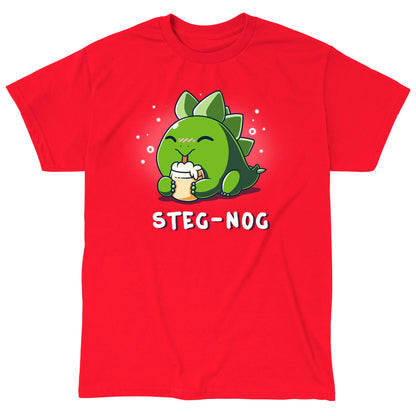 Classic Cotton T-shirt_TeeTurtle Steg-nog red t-shirt featuring a stegosaurus dinosaur drinking holiday egg nog with a pun underneath.