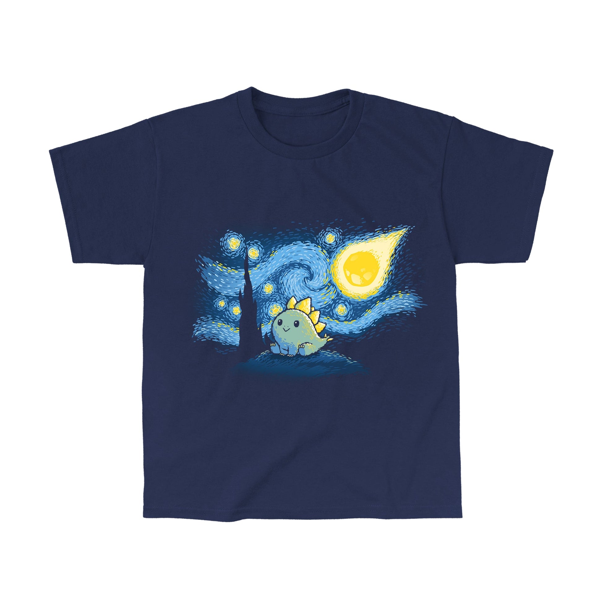 Classic Cotton T-shirt_TeeTurtle Stego Night navy blue t-shirt featuring an illustration of a cute dinosaur with stegosaurus-like plates, set against a "Starry Night"-inspired background.