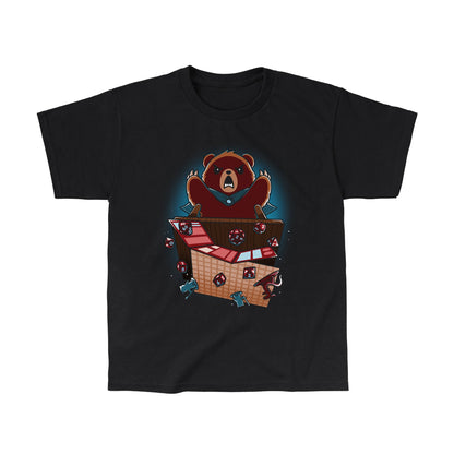 Classic Cotton T-shirt_TeeTurtle black Suddenly... Earthquake. Featuring an angry grizzly bear flipping over a table that had a tabletop game on it.