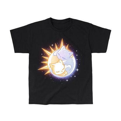 Classic Cotton T-shirt_TeeTurtle black Sun & Moon Kitties apparel featuring a sun cat and moon cat sleeping together in a yin-yang formation.