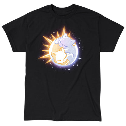 Classic Cotton T-shirt_TeeTurtle black Sun & Moon Kitties apparel featuring a sun cat and moon cat sleeping together in a yin-yang formation.