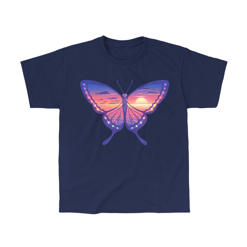 Classic Cotton T-shirt_TeeTurtle navy blue Sunset Butterfly. Featuring a butterfly with a sunset ocean landscape on its wings.