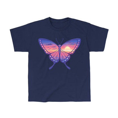 Classic Cotton T-shirt_TeeTurtle navy blue Sunset Butterfly. Featuring a butterfly with a sunset ocean landscape on its wings.