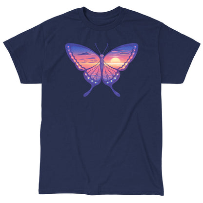 Classic Cotton T-shirt_TeeTurtle navy blue Sunset Butterfly. Featuring a butterfly with a sunset ocean landscape on its wings.