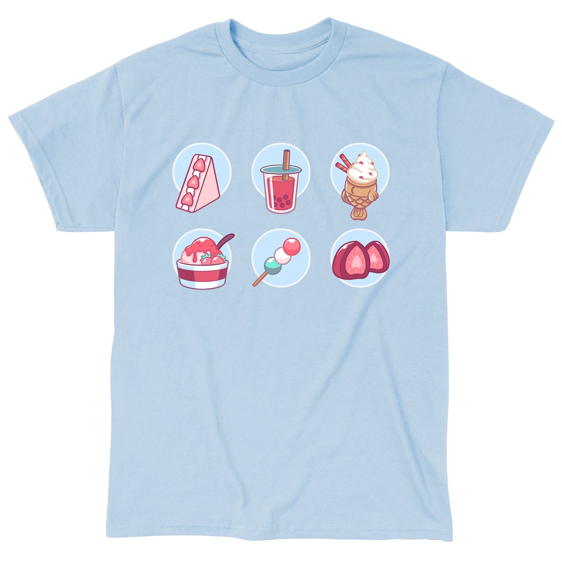 Classic Cotton T-shirt_ Sweet Treats light blue t-shirt featuring an illustration of various sweets, such as  a triangular strawberry cheesecake, pink boba drink, strawberry ice cream, a vanilla milkshake, a small stick of pink, white and green mochi balls, and a strawberry candy.