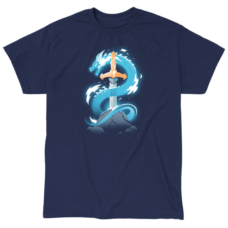 Classic Cotton T-shirt_TeeTurtle Sword Dragon navy blue t-shirt featuring a sword in a cracked rock, with a dragon coiling around it.