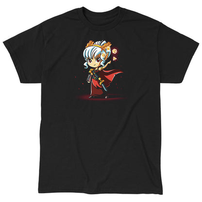 Classic Cotton T-shirt_TeeTurtle Tabletop Queen black t-shirt featuring a cartoon princess with white hair wearing a gold flower headband and wearing a red dress with a sword holstered on the side. She tosses four dice in the air with her left hand and holds a book in the right hand and looks ready to compete.