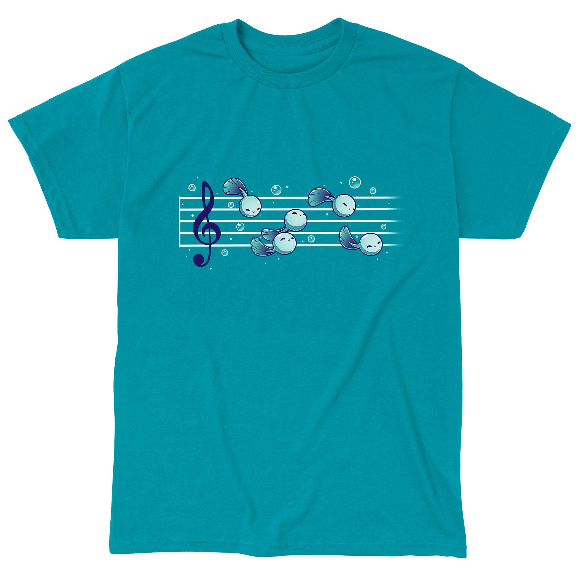 Classic Cotton T-shirt_Teeturtle Tadpool Tune tropical blue t-shirt featuring a gaggle of adorable cartoon tadpoles swimming along a music score.