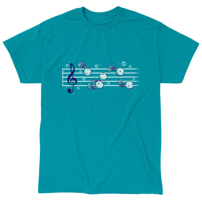 Classic Cotton T-shirt_Teeturtle Tadpool Tune tropical blue t-shirt featuring a gaggle of adorable cartoon tadpoles swimming along a music score.