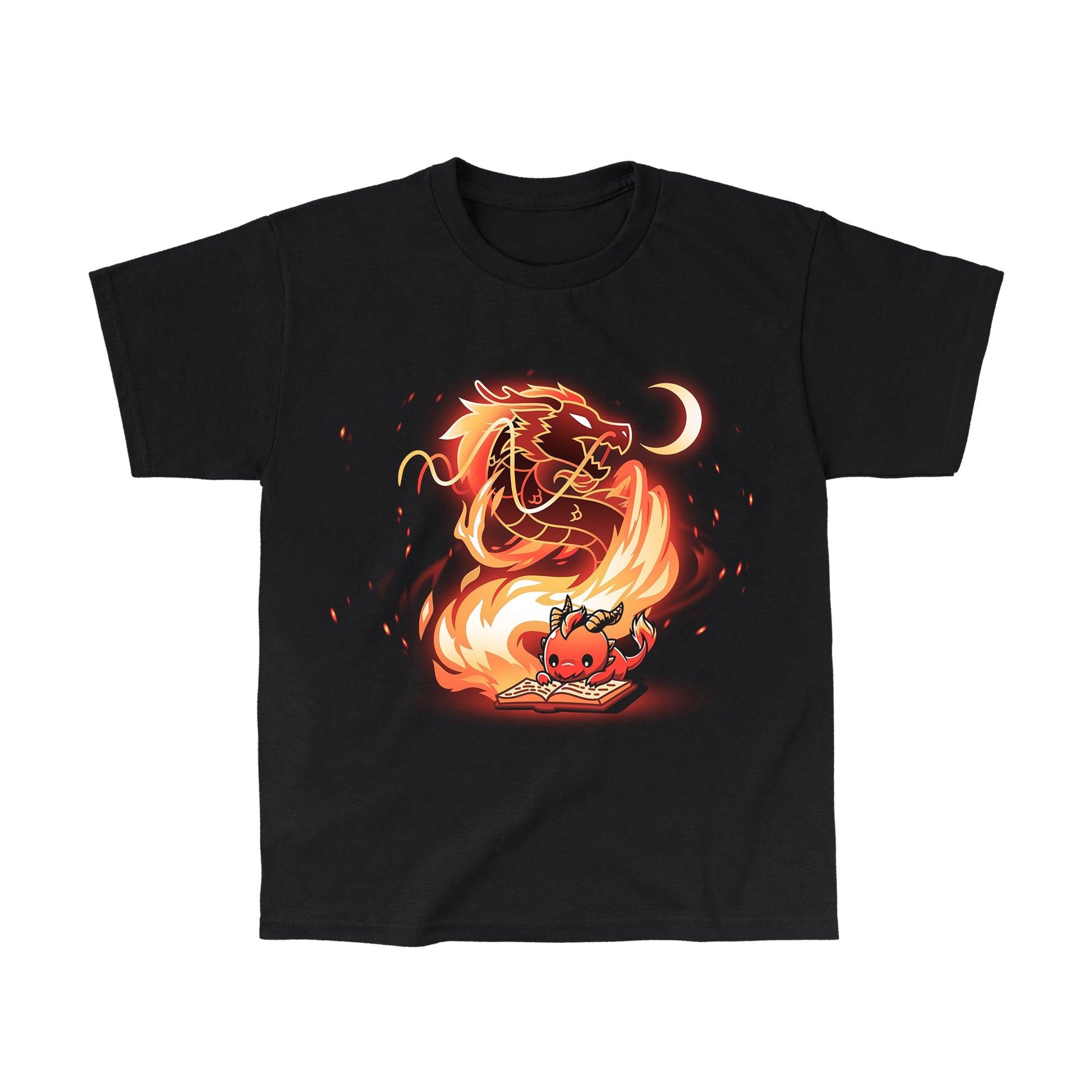 Classic Cotton T-shirt_TeeTurtle Tale Of Scales black t-shirt featuring an illustration of a little red dragon reading a book that has a large, fiery dragon swirling in flames coming out from the book and a small crescent moon in the top right corner near the large dragon's head.