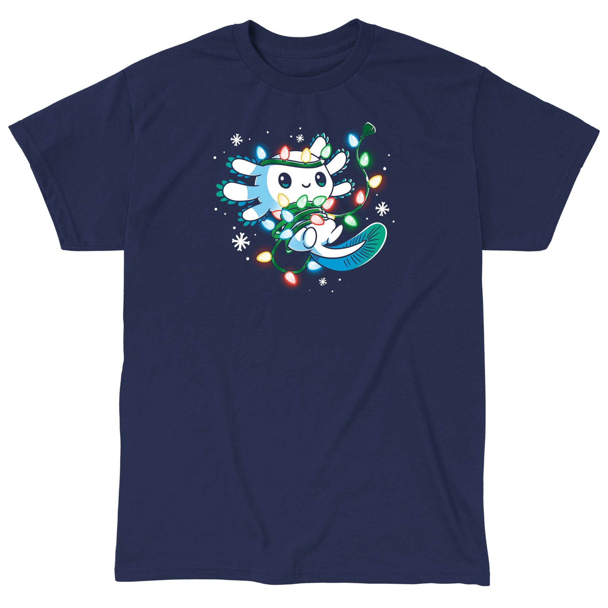 Classic Cotton T-shirt_TeeTurtle navy blue Tangled Up Axolotl. Featuring a white axolotl tangled up in a string of holiday lights.