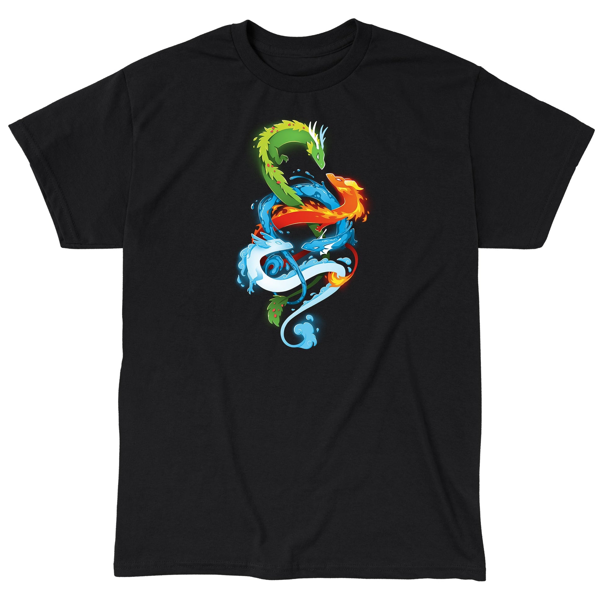 Classic Cotton T-shirt_TeeTurtle The Four Elements black t-shirt featuring four intertwined elemental dragons: green (earth), blue (water), red (fire), and white (air).