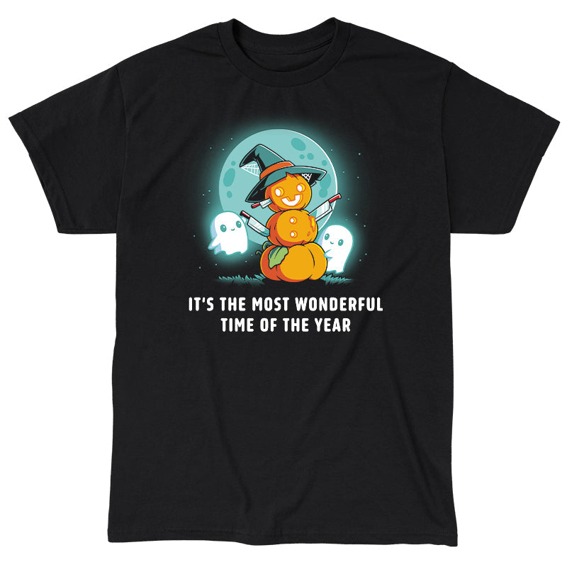 Classic Cotton T-shirt_TeeTurtle black The Most Wonderful Time of the Year. Featuring a snowman made out of pumpkins with knives sticking out of it surrounded by ghosts.