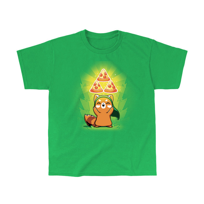 Classic Cotton T-shirt_TeeTurtle The Power of Pizza Irish green t-shirt featuring a fox smiling and raising its hands. Floating above its head are three glowing slices of pepperoni pizza in a triangular formation.