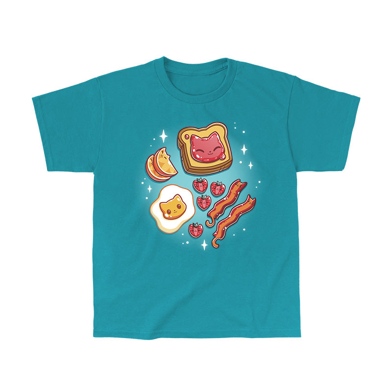 Classic Cotton T-shirt_TeeTurtle The Purrfect Breakfast Life tropical blue t-shirt featuring cute cat faces on popular breakfast items, including a piece of toast, an egg, strawberries, and bacon, all on a teal background with sparkles.