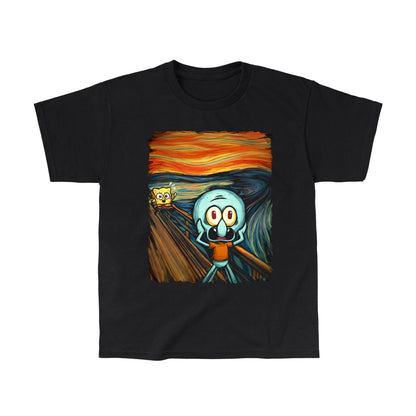 Classic Cotton T-shirt_TeeTurtle black The Scream apparel featuring a screaming Squidward with SpongeBob running towards him in the background done in a style reminiscent of the painting The Scream.